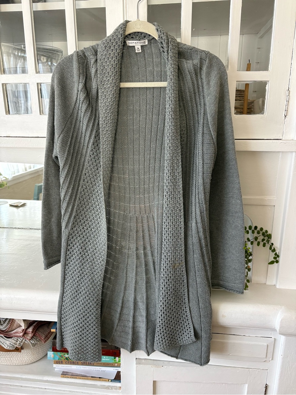 Notations Gray Open-Front Knit Cardigan with Shawl Collar